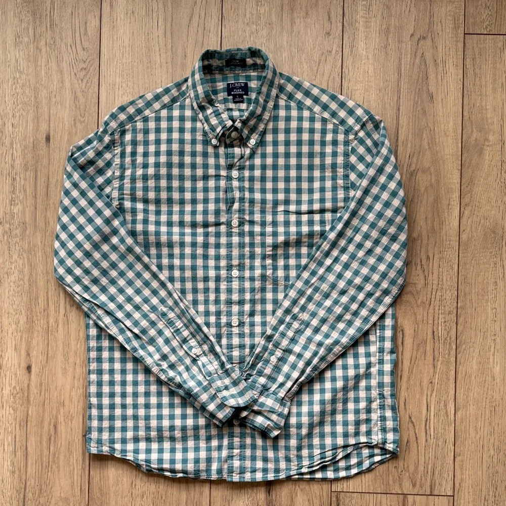 J Crew Slim Untucked Flex Washed Green Gingham Button Down Shirt Men’s Large